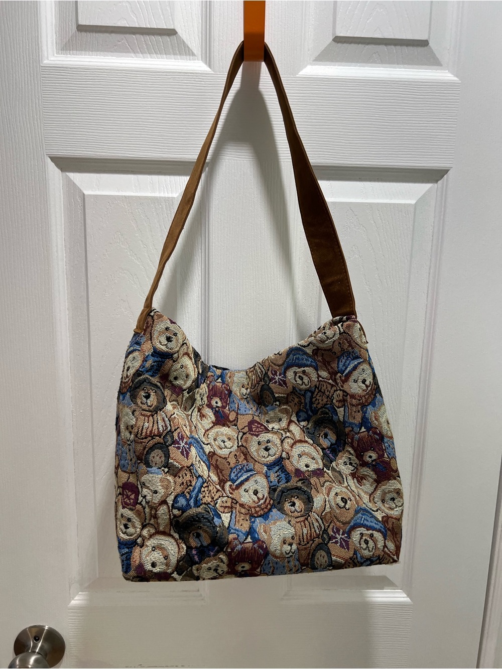 Teddy Pattern Tapestry Shoulder Bag - Brown/Multicolor